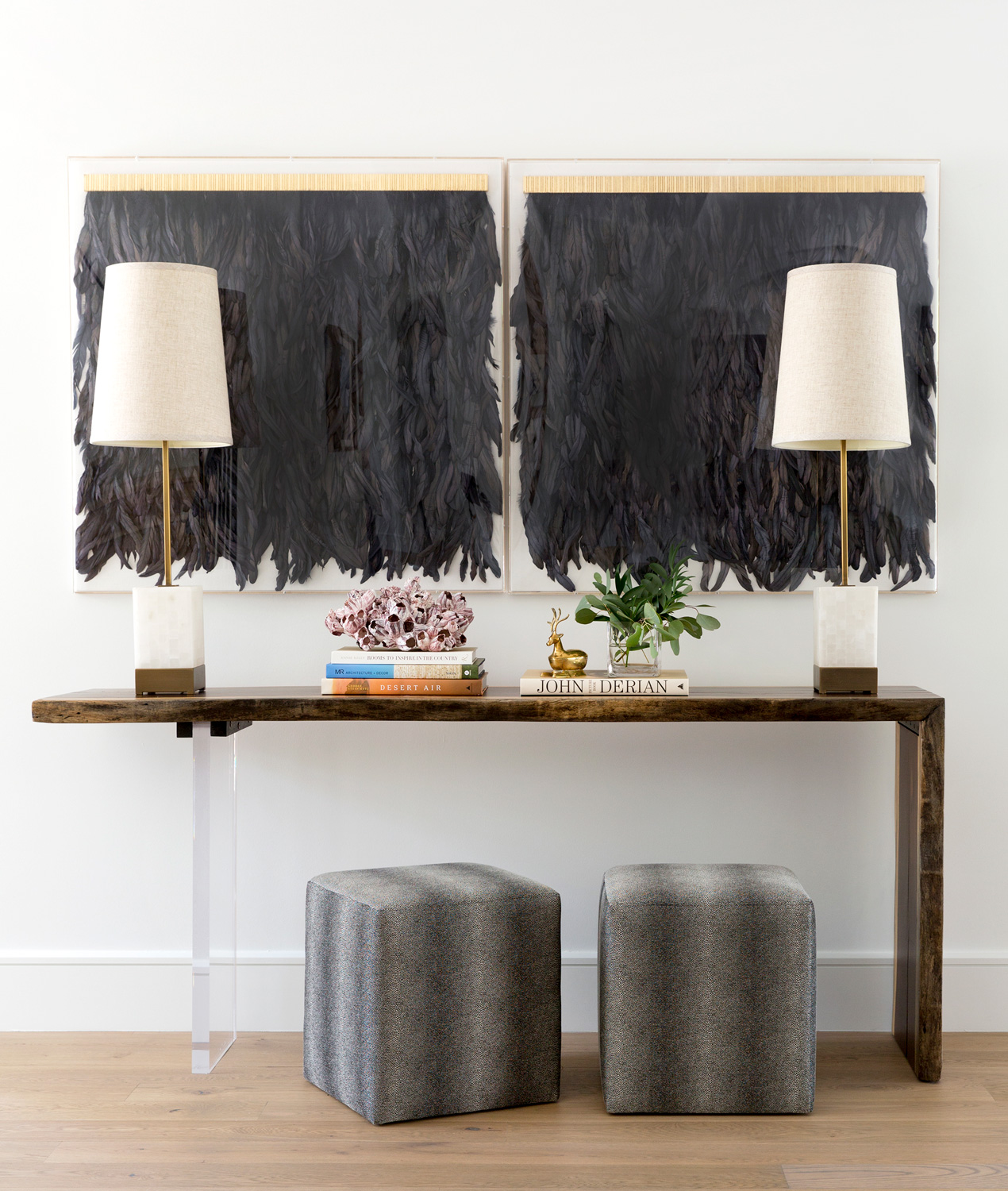 Entryway with dramatic feather art by interior photographer Buff Strickland