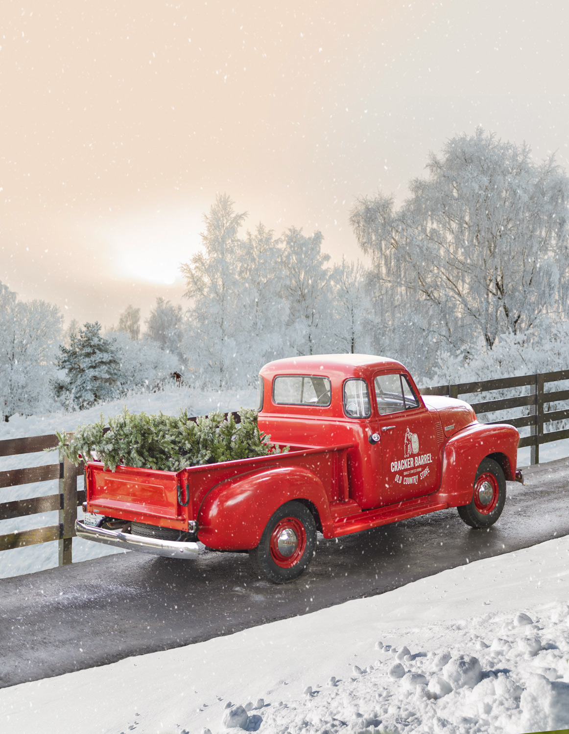 Cracker Barrel truck on a snowy day for holiday shoot by Buff strickland