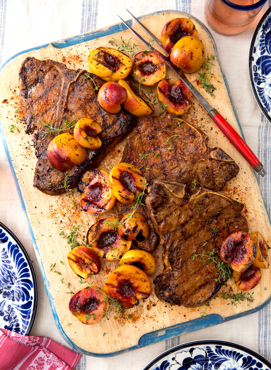 Grilled steak and peaches shot by Austin lifestyle photographer Buff Strickland 