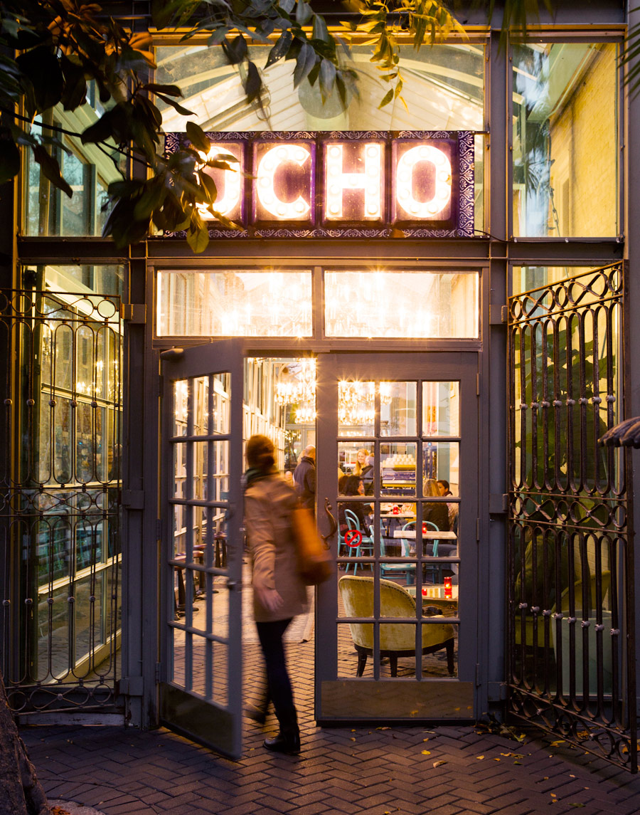 San Antonio restaurant Ocho sign at night