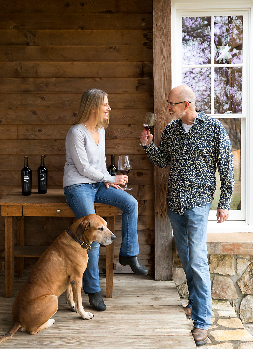 Texas winemakers with their dog by Austin based lifestyle photographer Buff Strickland
