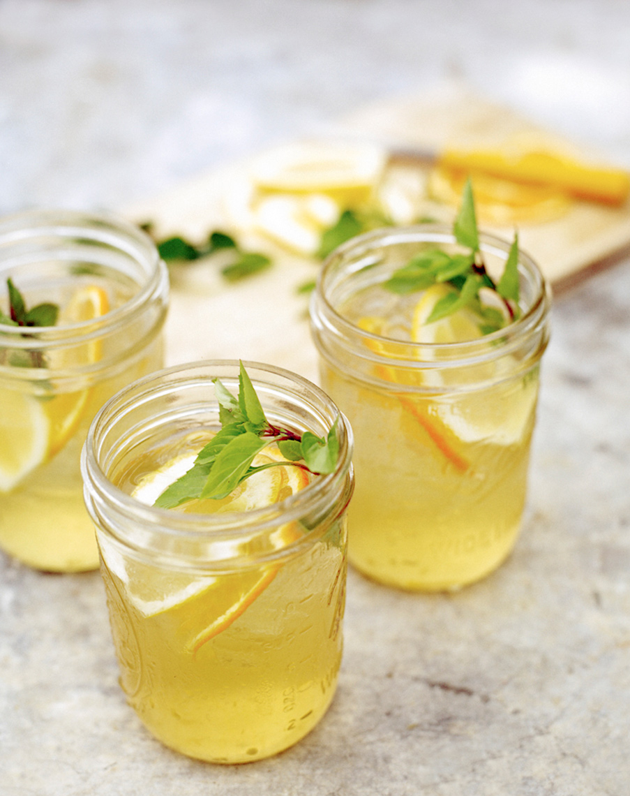 basil lemonade drink photography in ball jar glass with fresh basil for Food & Wine magazine